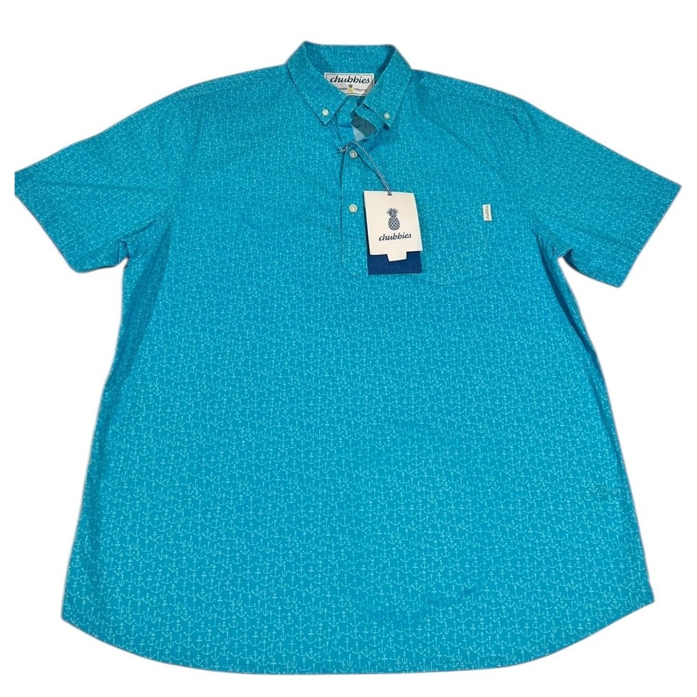 NWT Chubbies Men's Button Down Shirt Anchor Print Nautical Teal‎ Blue XL
